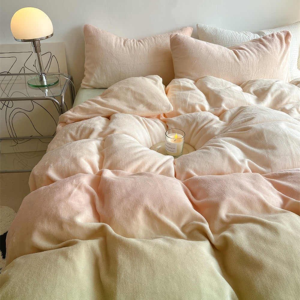 Mojoyce-Spring Summer Bedding Set Pastel Peachy to Green Gradient Fleece Bedding Set