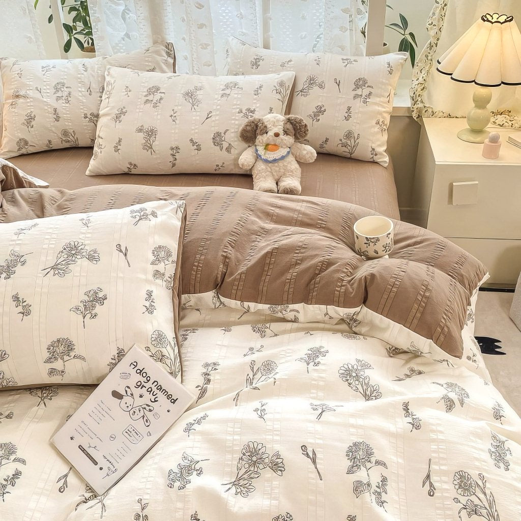 Mojoyce-Spring Summer Bedding Set Floral Print Vintage Creamy Bedding Set