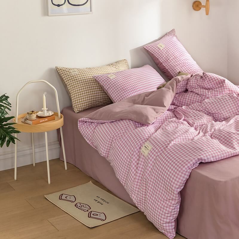 Mojoyce-Spring Summer Bedding Set Mini Plaid Print Pastel Bedding Set