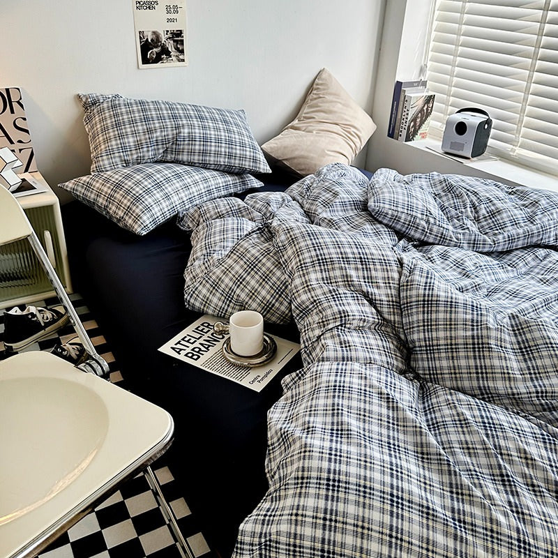 Mojoyce-Spring Summer Bedding Set Vintage Blue Plaid Bedding Set