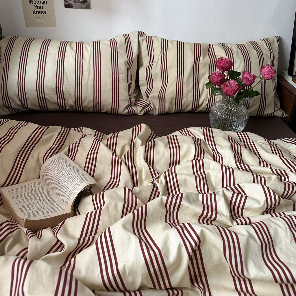 Mojoyce-Spring Summer Bedding Set Beige & Brown Vintage Striped Bedding Set