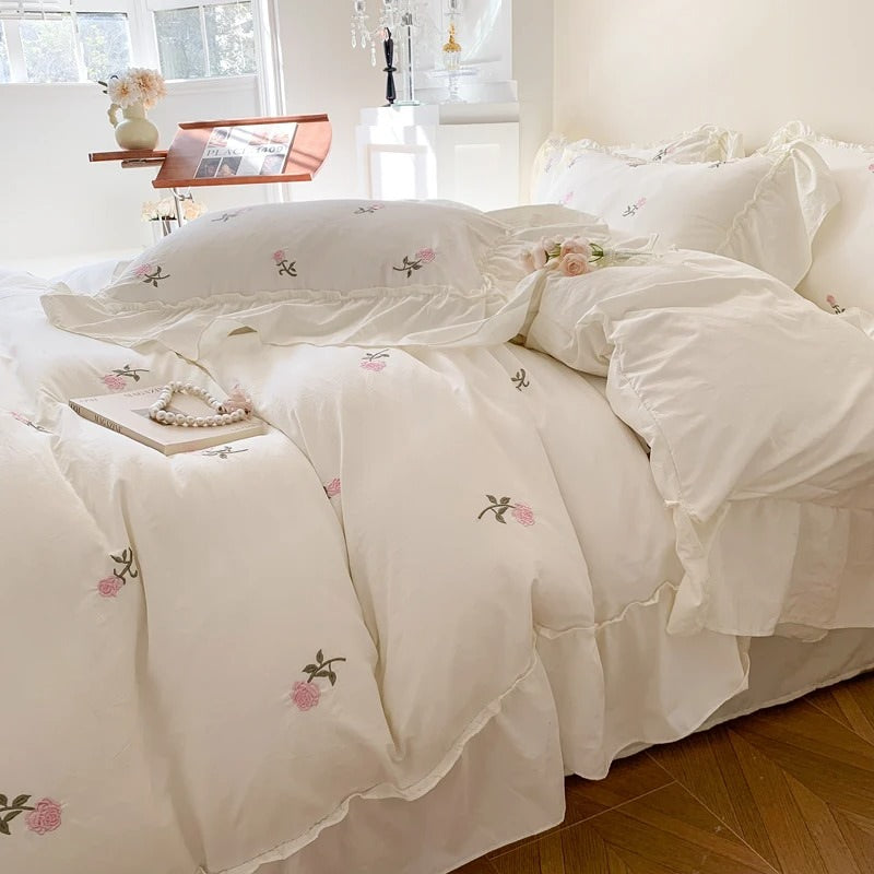 Mojoyce-Spring Summer Bedding Set Coquette Roses Ruffle Duvet Cover & Sham Set