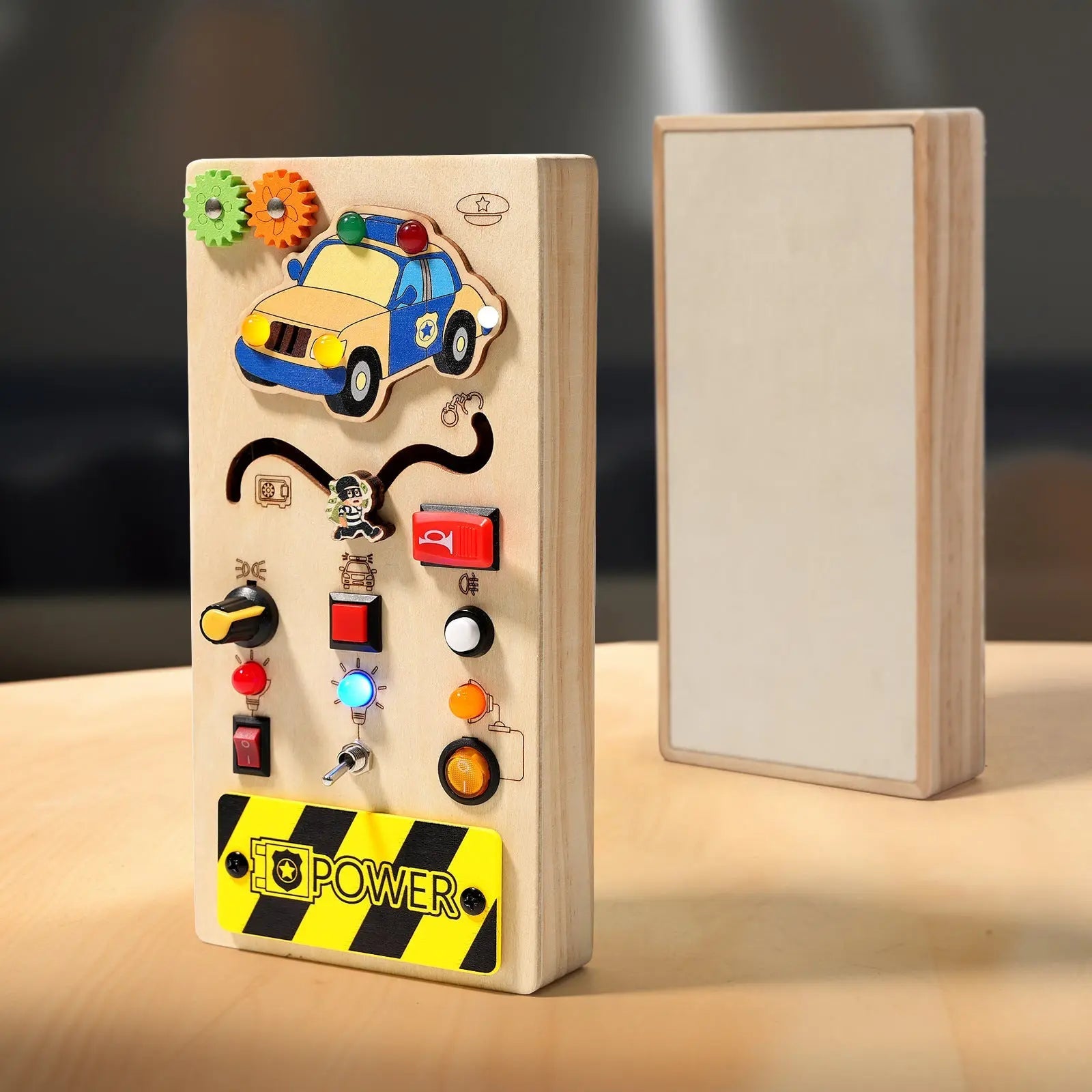 Drive & Learn™ – Wooden Steering Wheel Busy Board with Lights