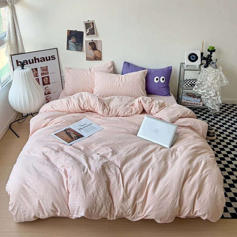 Mojoyce-Spring Summer Bedding Set Crumpled Solid Color Sheets Bedding Set