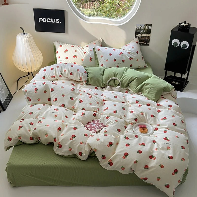 Mojoyce-Spring Summer Bedding Set Cute Strawberry Print Bedding Set