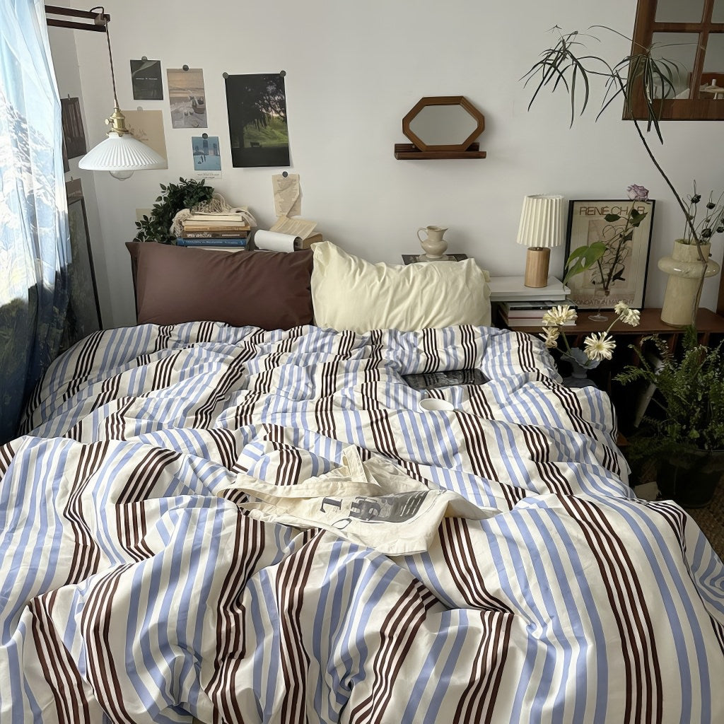 Mojoyce-Spring Summer Bedding Set Blue & Brown Vintage Striped Bedding Set