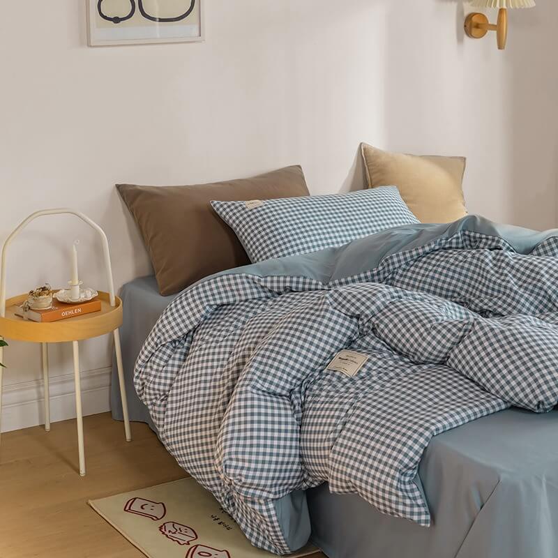 Mojoyce-Spring Summer Bedding Set Mini Plaid Print Pastel Bedding Set