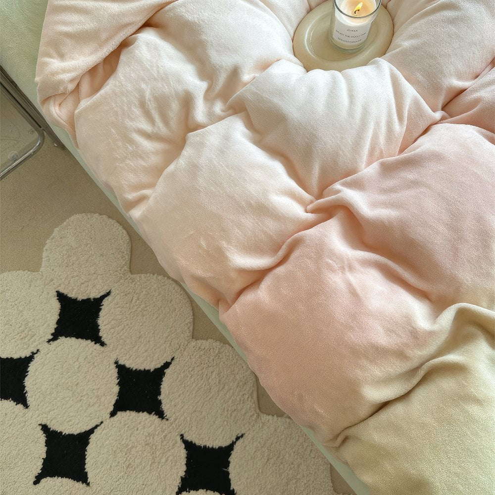 Mojoyce-Spring Summer Bedding Set Pastel Peachy to Green Gradient Fleece Bedding Set