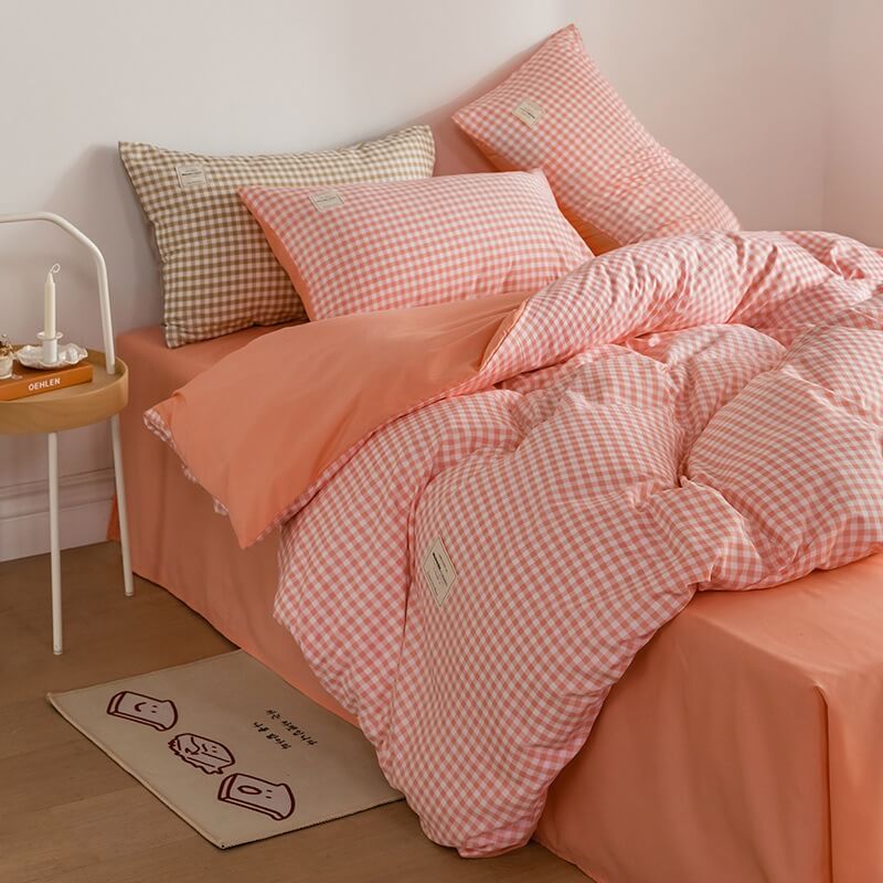 Mojoyce-Spring Summer Bedding Set Mini Plaid Print Pastel Bedding Set