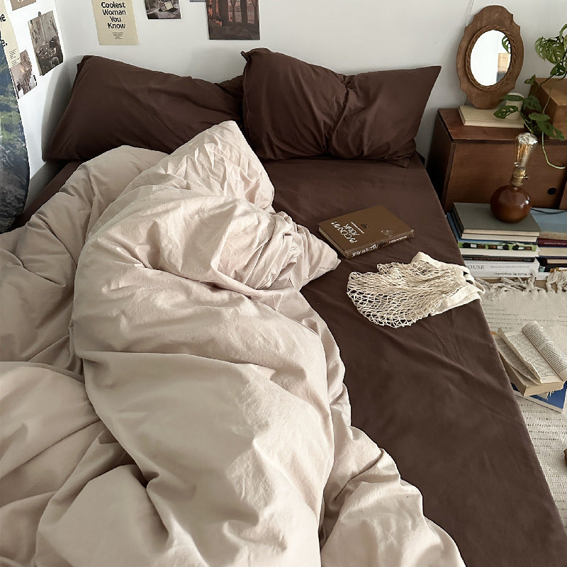 Mojoyce bedroom inspirations Mocha Chocolate Cotton Four-Piece Set Solid Color Mix and Match Simple Ins Style Pure Cotton Washed Cotton Bed Sheet Quilt Cover Bedding