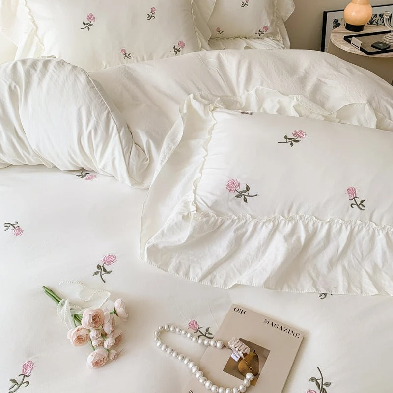 Mojoyce-Spring Summer Bedding Set Coquette Roses Ruffle Duvet Cover & Sham Set