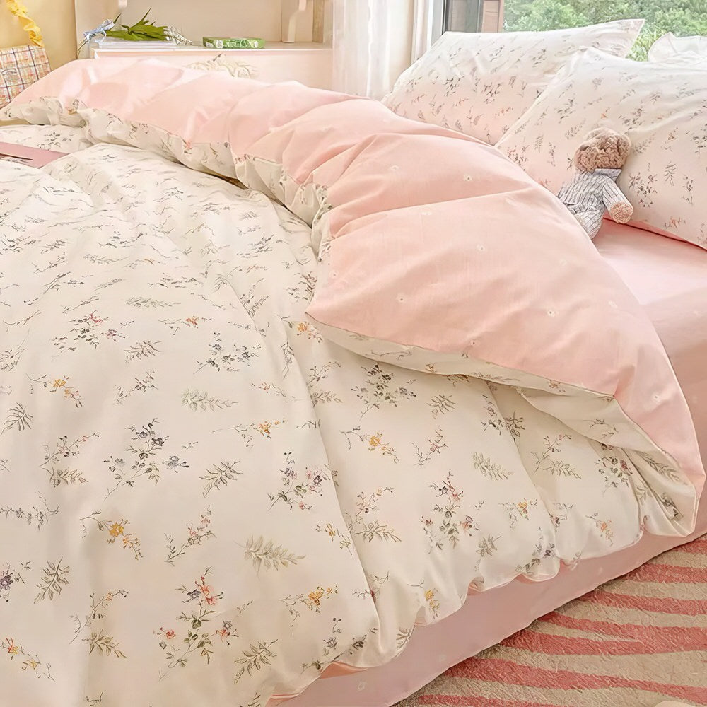 Mojoyce-Spring Summer Bedding Set Pale Pink Floral Print Bedding Set