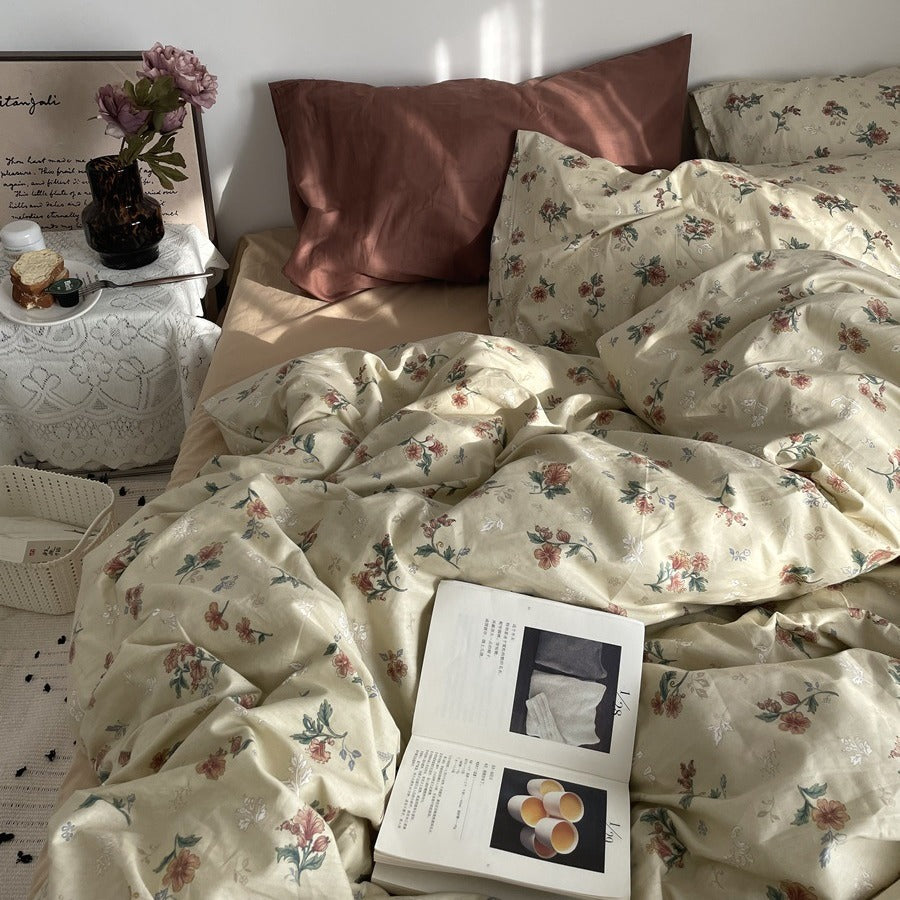Mojoyce bedroom inspirations INS Vintage Floral Cotton Cotton Bedding Four-Piece Bed Sheet Quilt Cover Quilt Cover Bed Cover Three-Piece Set