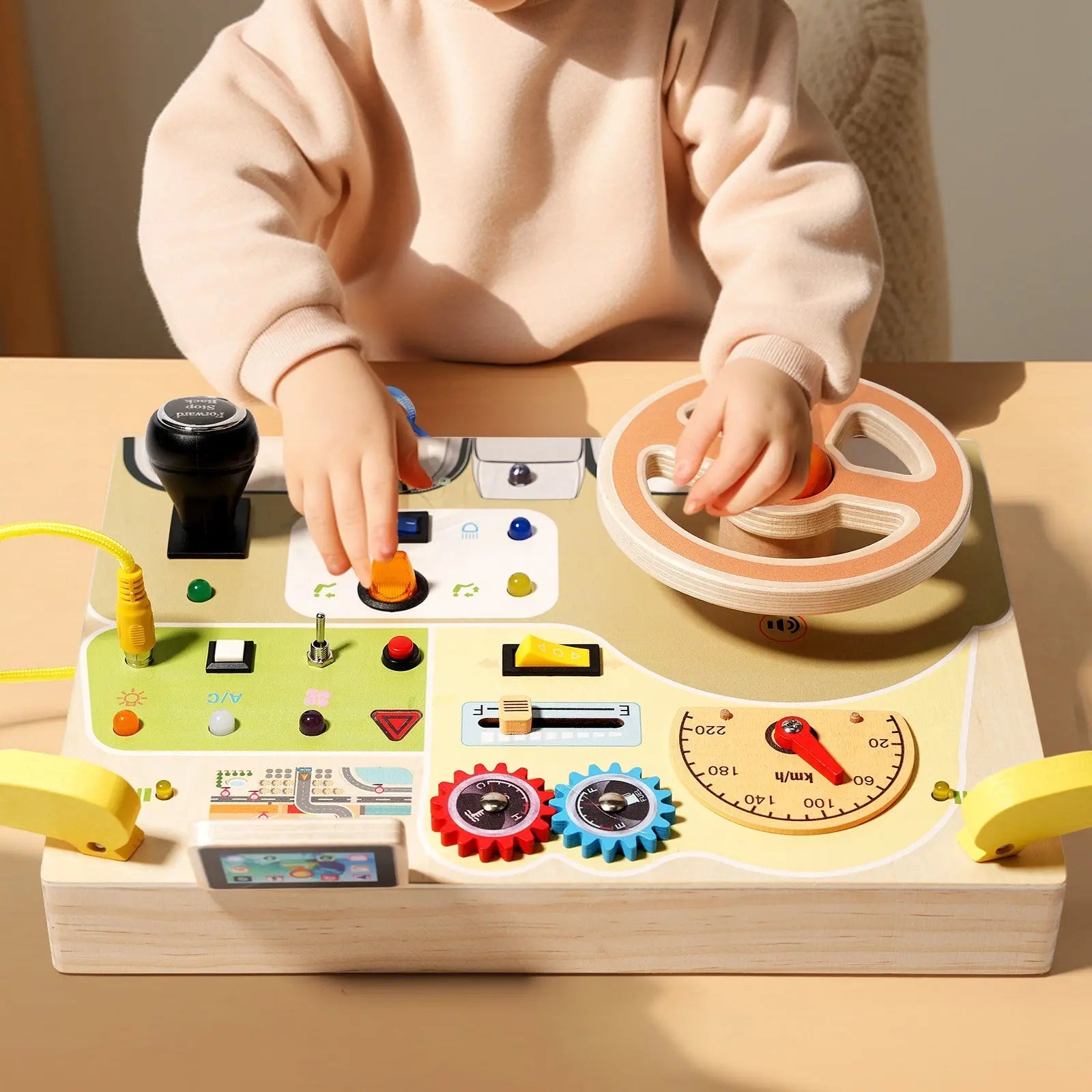 Drive & Learn™ – Wooden Steering Wheel Busy Board with Lights