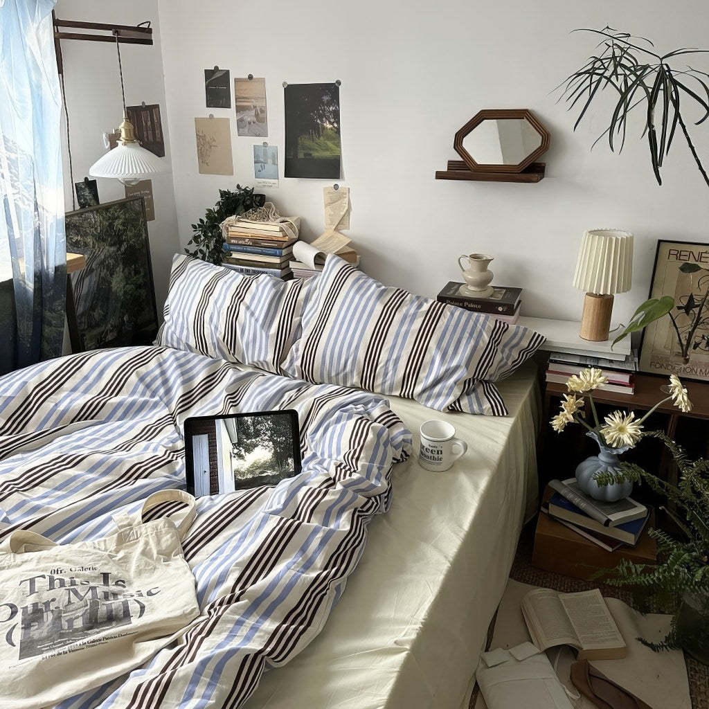 Mojoyce-Spring Summer Bedding Set Blue & Brown Vintage Striped Bedding Set