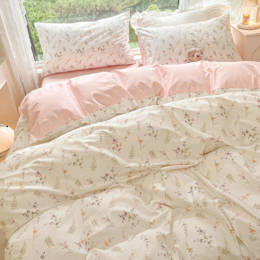 Mojoyce-Spring Summer Bedding Set Pale Pink Floral Print Bedding Set