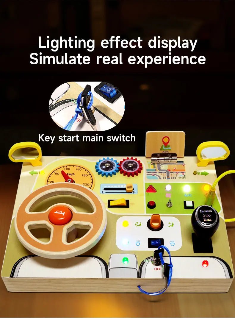 Drive & Learn™ – Wooden Steering Wheel Busy Board with Lights